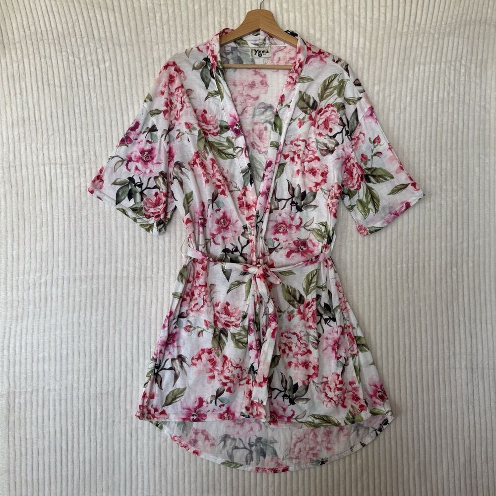 Show Me Your Mumu Robe Kimono Womens OS One Size White Pink Floral Belted Cardi - Picture 9 of 10